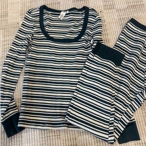 PINK Long Sleeve Ribbed Pajama Top and Bottom Set - Green & White